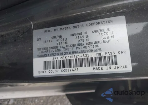 2014 Mazda Mazda3 I Sport from USA, damaged, VIN JM1BM1K7XE1214332